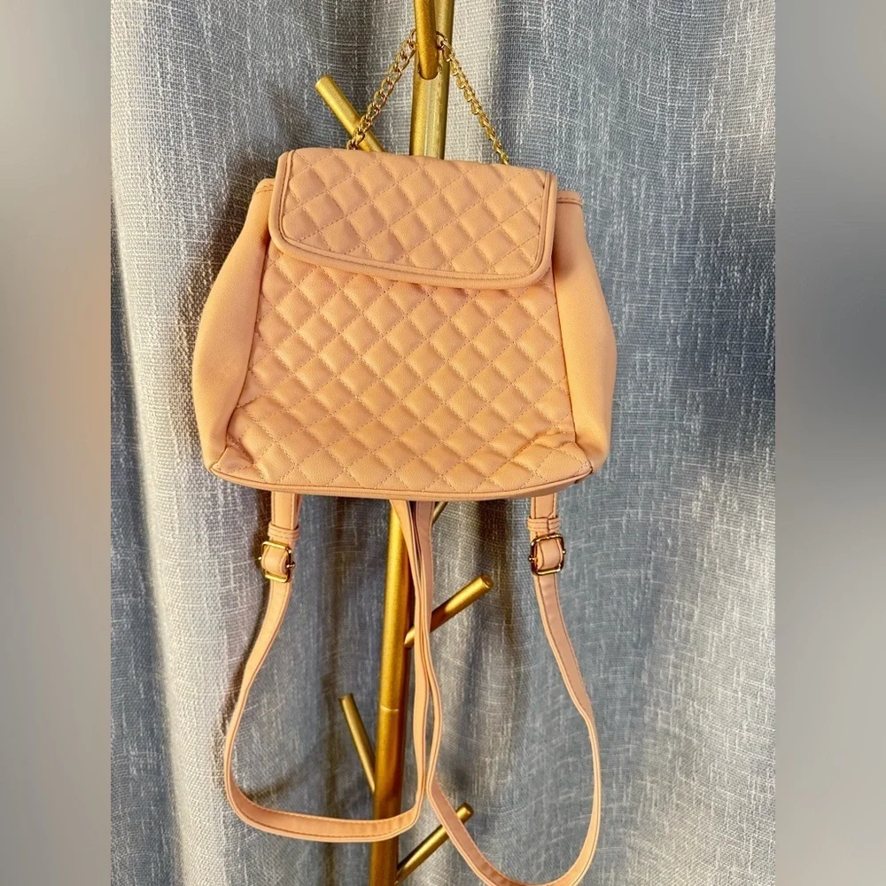 Blush Pink Square Quilted Convertible Backpack Purse with gold hardware